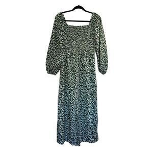 Womens Green Floral Smocked Square Neck Long Sleeve Maxi Dress Size 0XL